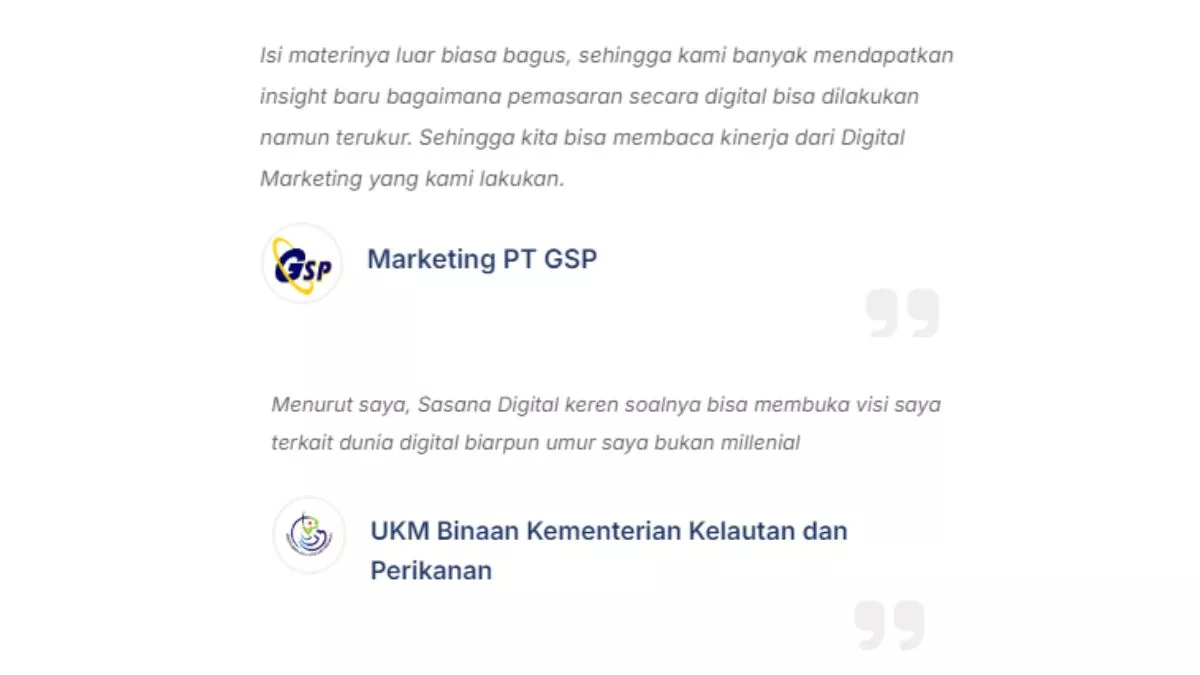 testimoni klisen sasana digital soal private training & corporate training