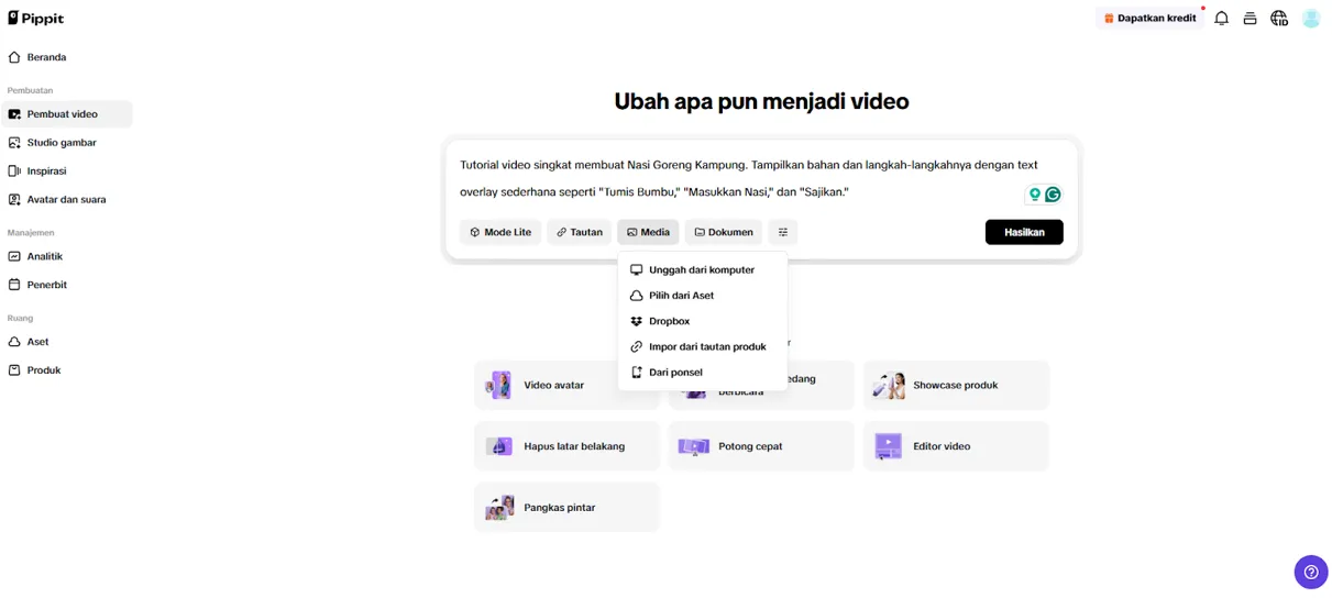 Upload video ke pipit.ai