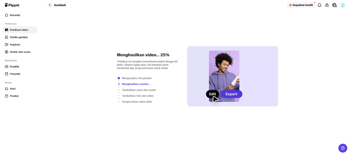 Tunggu proses pembuatan video dengan pipit.ai